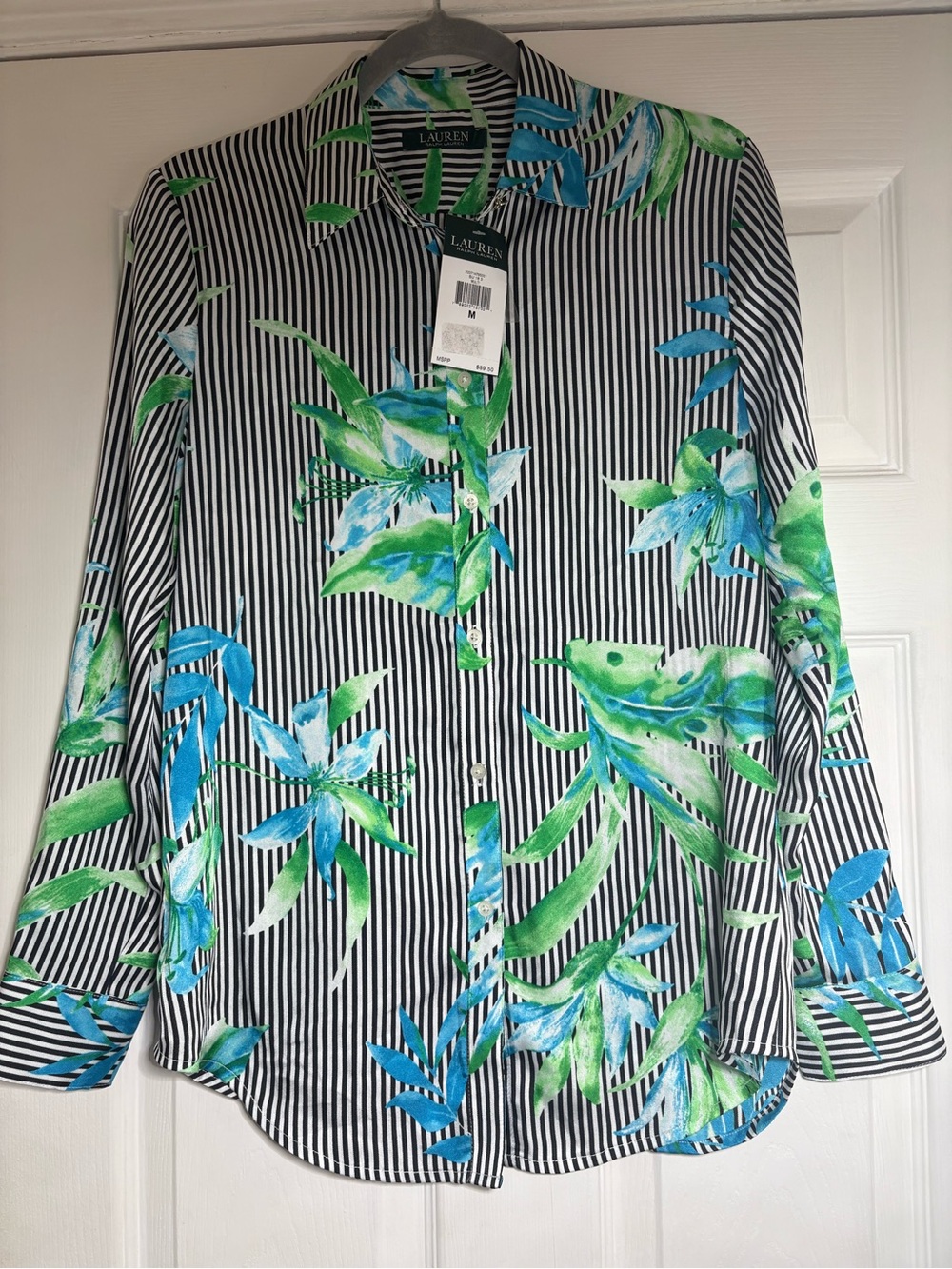 Lauren Ralph Lauren Black & White Striped Tropical Floral Blouse size M (4,10)